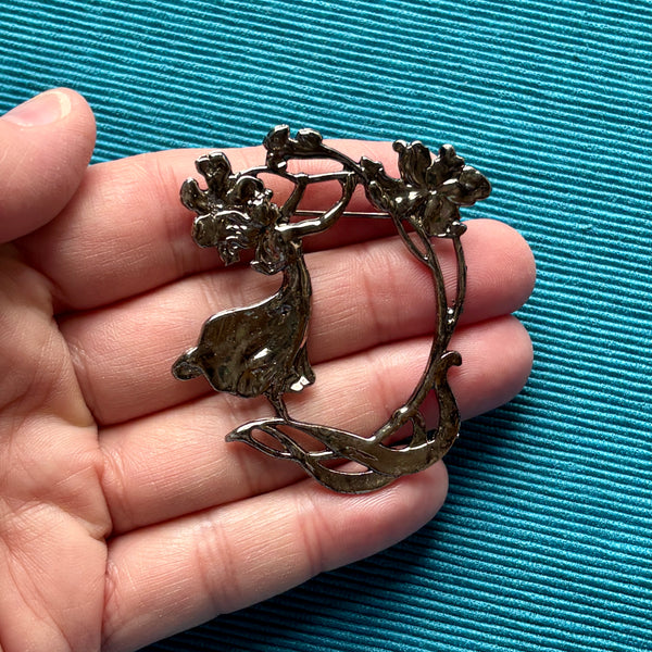 Art Nouveau Silver Woman and Flower Brooch
