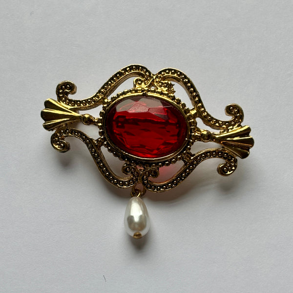 Red Regency Faceted Brooch with Pearl Drop