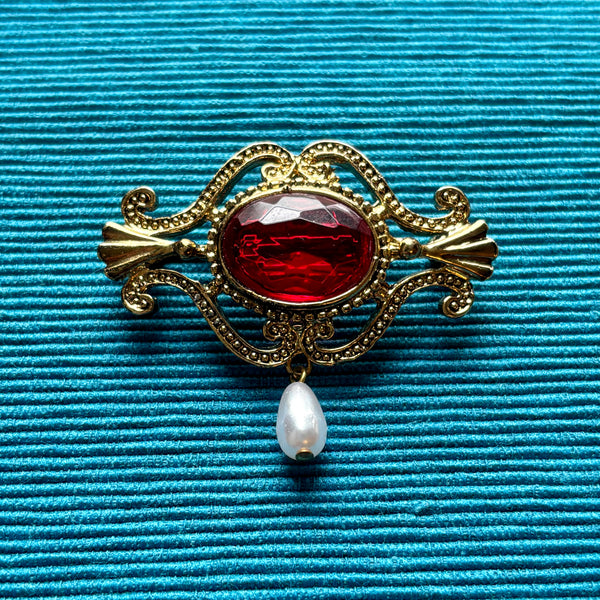 Red Regency Faceted Brooch with Pearl Drop