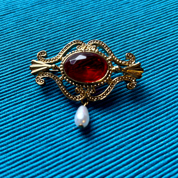 Red Regency Faceted Brooch with Pearl Drop