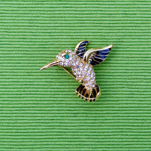 Gold and Black Hummingbird Brooch with Green Eyes