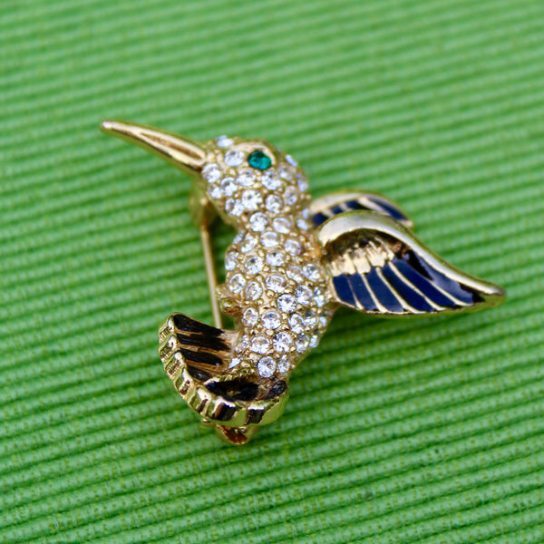 Gold and Black Hummingbird Brooch with Green Eyes