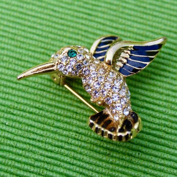 Gold and Black Hummingbird Brooch with Green Eyes