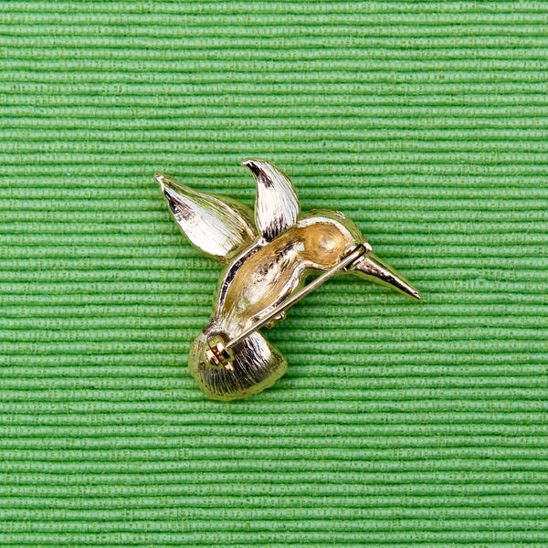 Gold and Black Hummingbird Brooch with Green Eyes