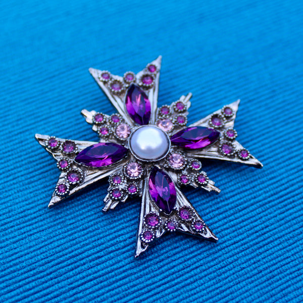 Pink and Purple Silver Cross Brooch
