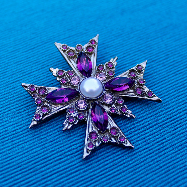 Pink and Purple Silver Cross Brooch