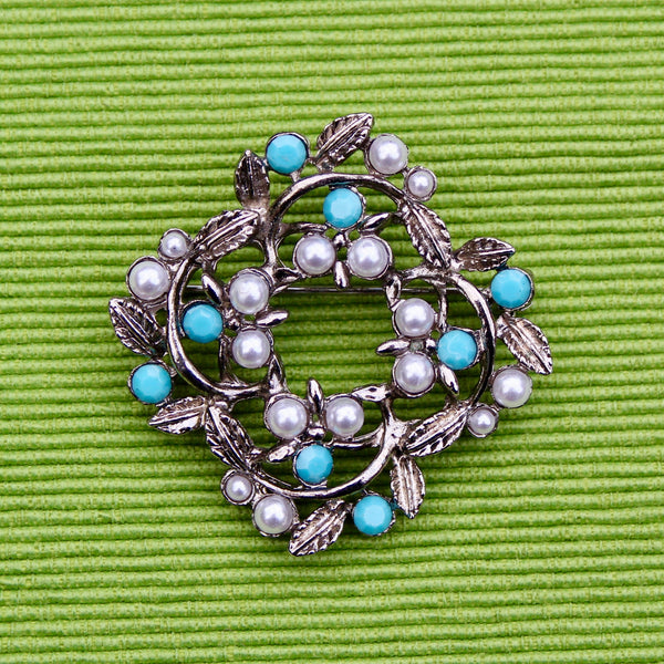 Silver Pearl and Turquoise Wreath Brooch