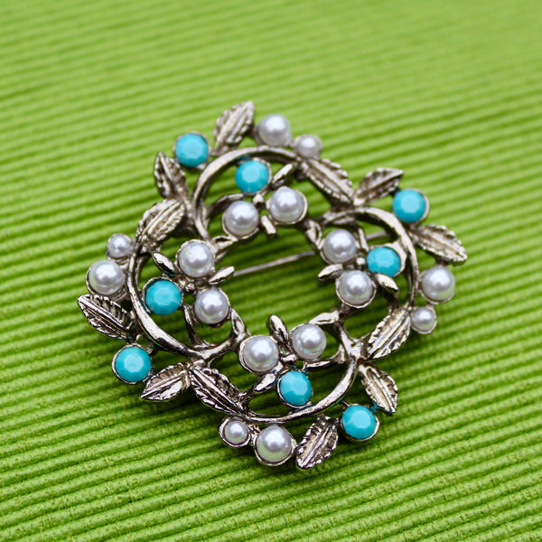 Silver Pearl and Turquoise Wreath Brooch