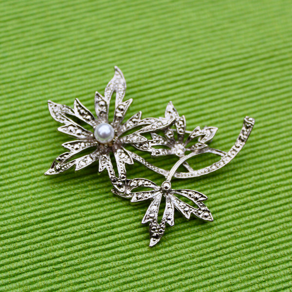 Faux Marcasite Silver Flower Brooch