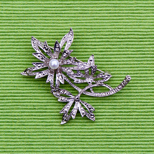 Faux Marcasite Silver Flower Brooch