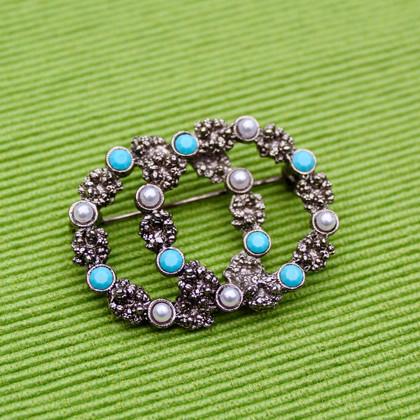 Double Silver Pearl and Turquoise Brooch