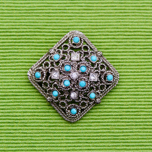 Silver Square Rope Style Brooch with Turquoise