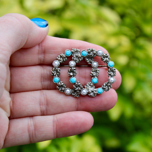 Double Silver Pearl and Turquoise Brooch