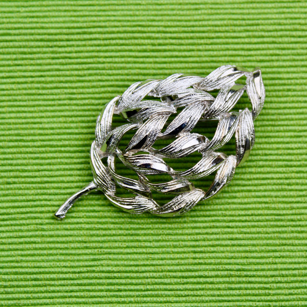 Silver Modernist Woven Leaf Brooch