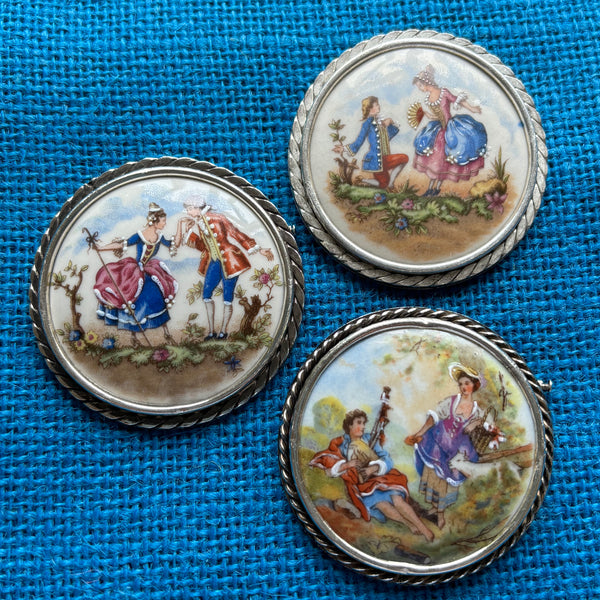 Romantic Couple French Porcelain Brooches Silver