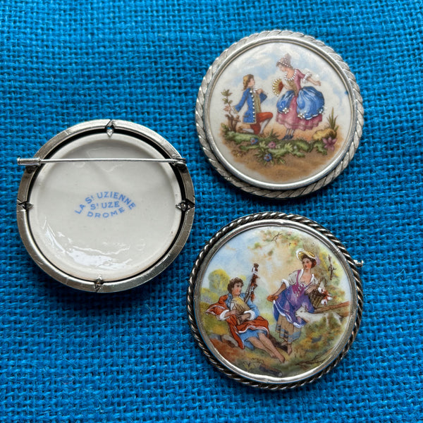 Romantic Couple French Porcelain Brooches Silver