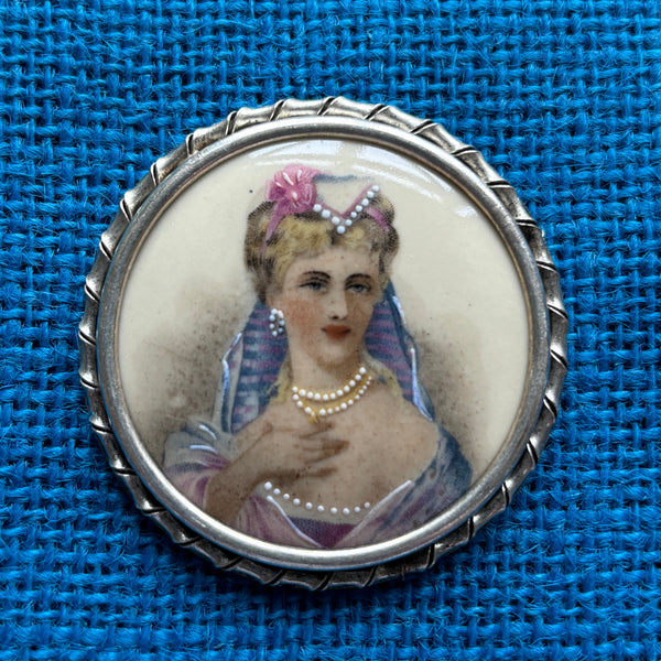 Beautiful Lady with Pearls Porcelain Brooch