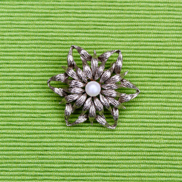 Silver Flower with Pearl Brooch