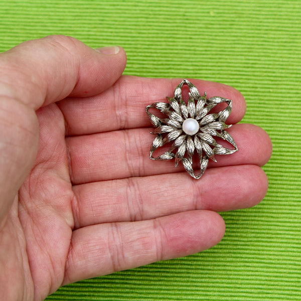 Silver Flower with Pearl Brooch