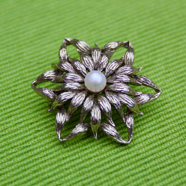 Silver Flower with Pearl Brooch
