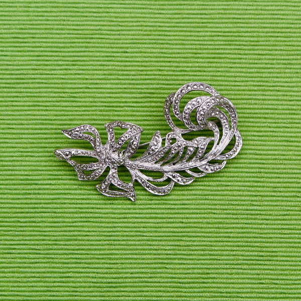 Silver Ostrich Feather with Bow Brooch