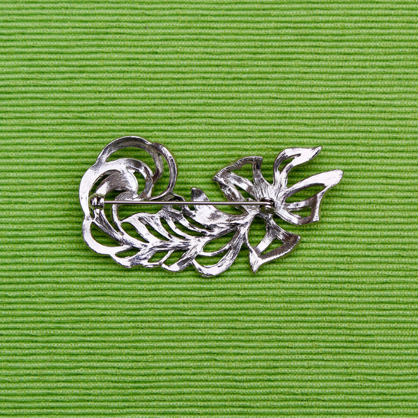 Silver Ostrich Feather with Bow Brooch