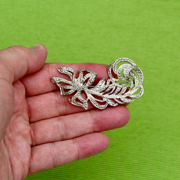 Silver Ostrich Feather with Bow Brooch