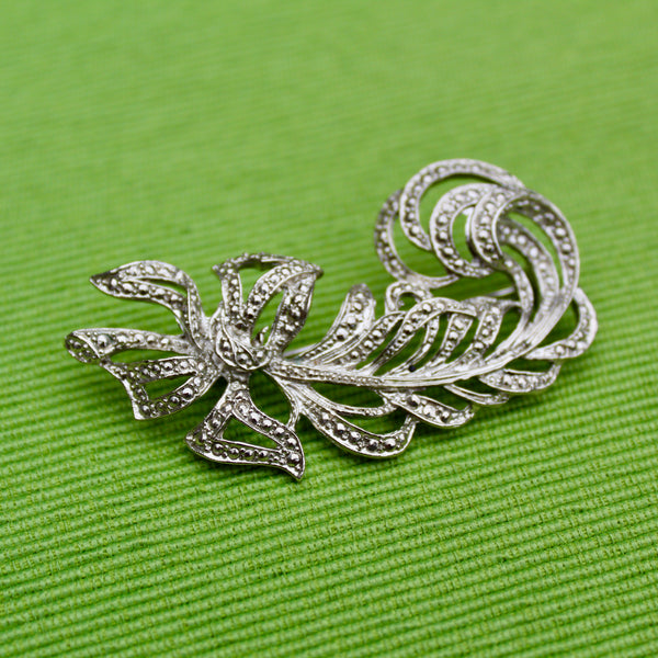 Silver Ostrich Feather with Bow Brooch