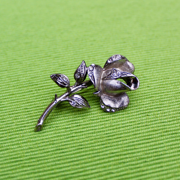 Silver Single Rose Stem Brooch