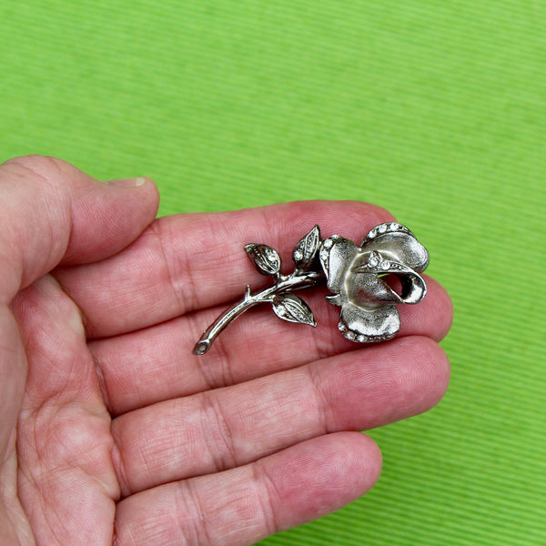 Silver Single Rose Stem Brooch