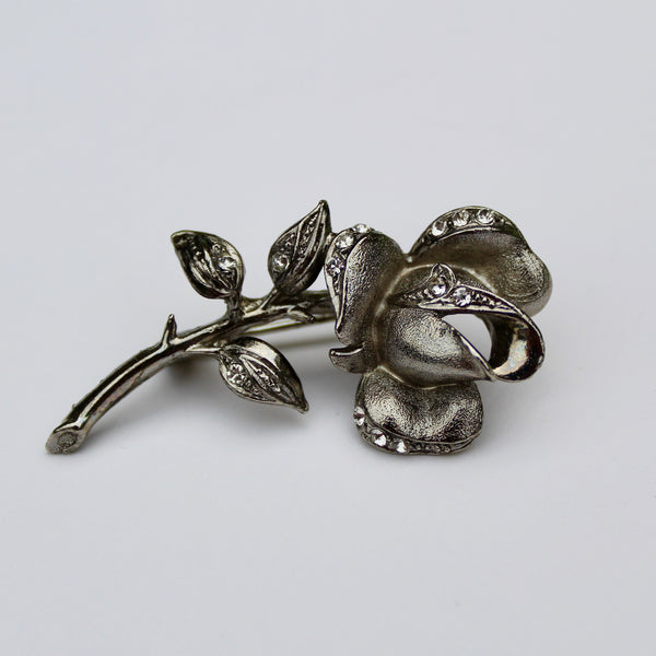 Silver Single Rose Stem Brooch