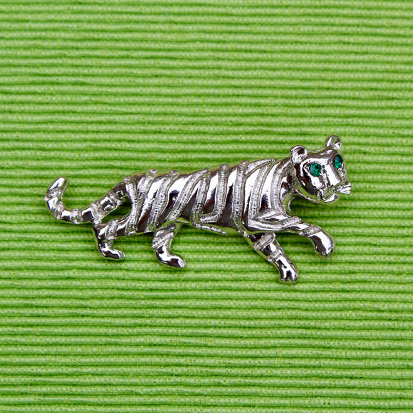 Silver Walking Enamel Tiger Brooch