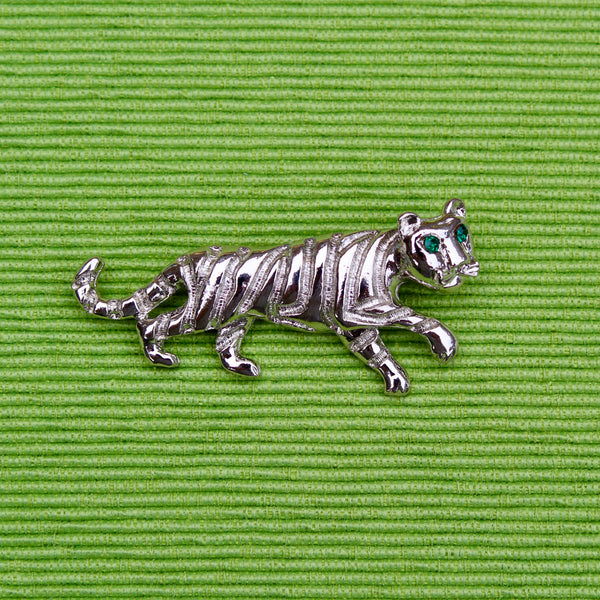 Silver Walking Enamel Tiger Brooch