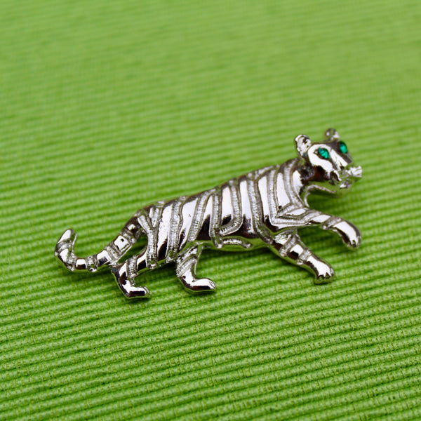 Silver Walking Enamel Tiger Brooch