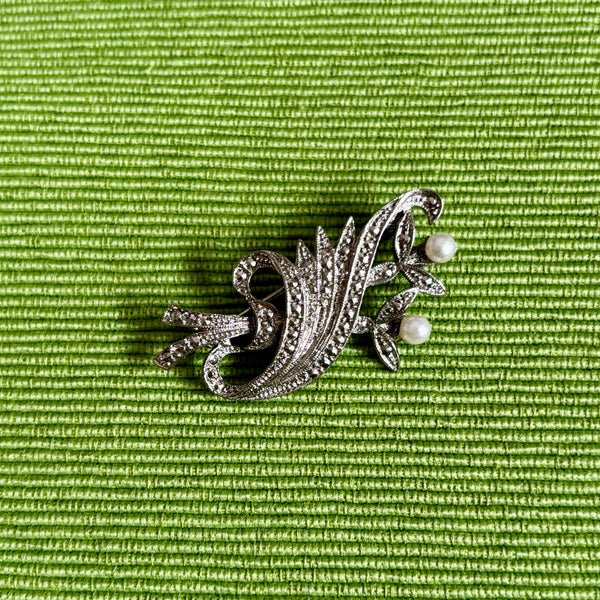 Faux Marcasite Silver Pearl Flower Brooch