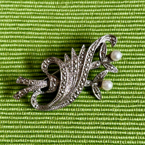 Faux Marcasite Silver Pearl Flower Brooch