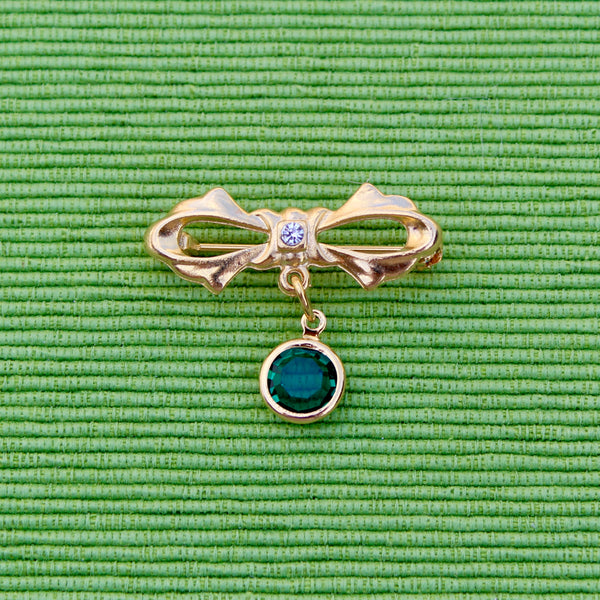 Tiny Green Bow Drop Brooch