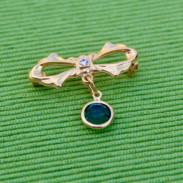 Tiny Green Bow Drop Brooch