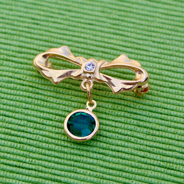 Tiny Green Bow Drop Brooch