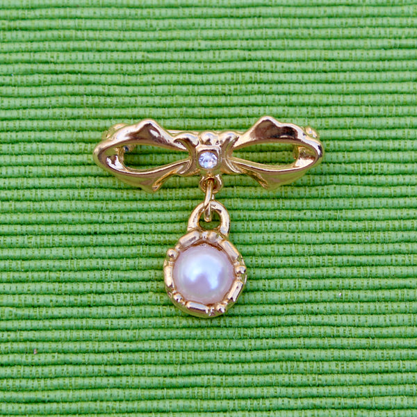 Tiny Pearl Bow Drop Brooch