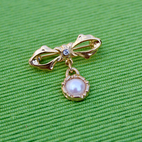 Tiny Pearl Bow Drop Brooch