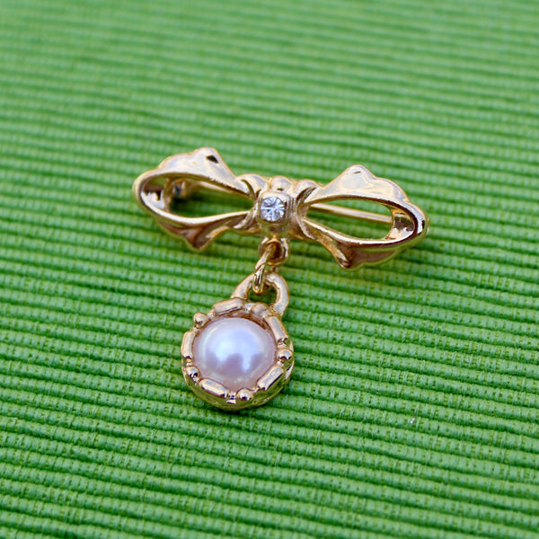 Tiny Pearl Bow Drop Brooch