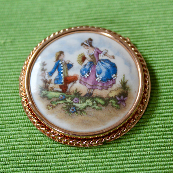 Romantic Couple French Porcelain Rose Gold Kneeling Brooch