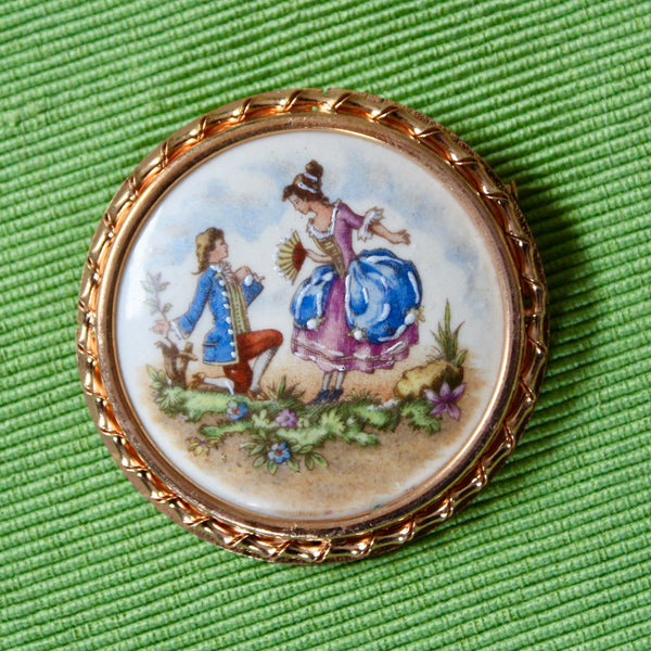 Romantic Couple French Porcelain Rose Gold Kneeling Brooch