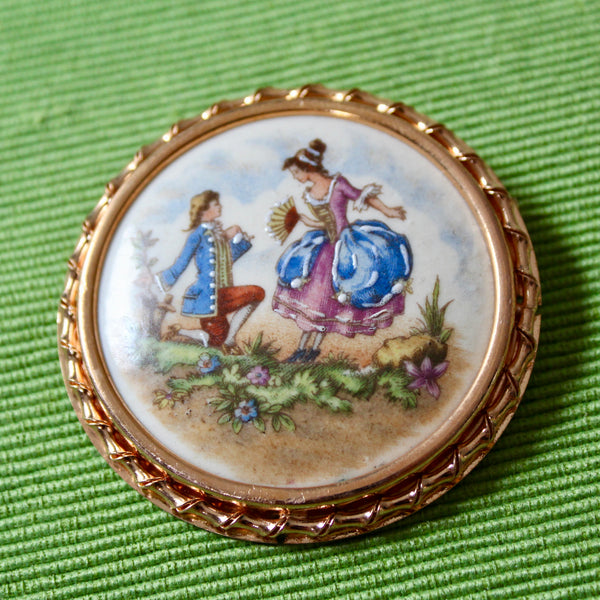 Romantic Couple French Porcelain Rose Gold Kneeling Brooch