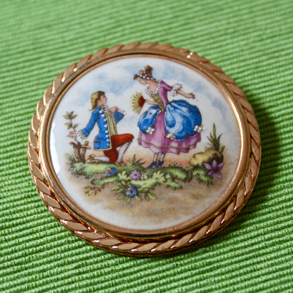 Romantic Couple French Porcelain Rose Gold Kneeling Brooch