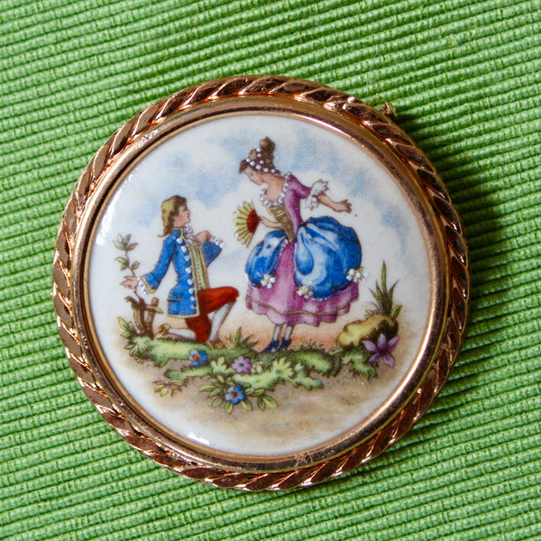 Romantic Couple French Porcelain Rose Gold Kneeling Brooch