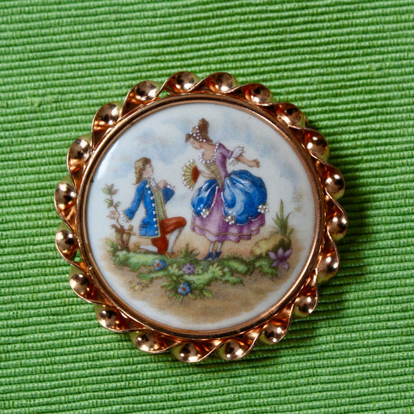 Romantic Couple French Porcelain Rose Gold Kneeling Brooch