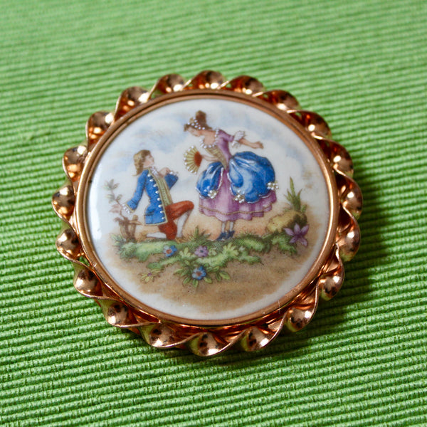 Romantic Couple French Porcelain Rose Gold Kneeling Brooch