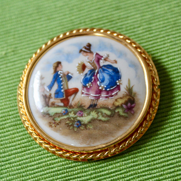 Romantic Couple French Porcelain Gold Kneeling Brooch